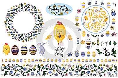 Set with design elements isolate on white for easter and spring flyers, advertisments, announcements. Vector Illustration